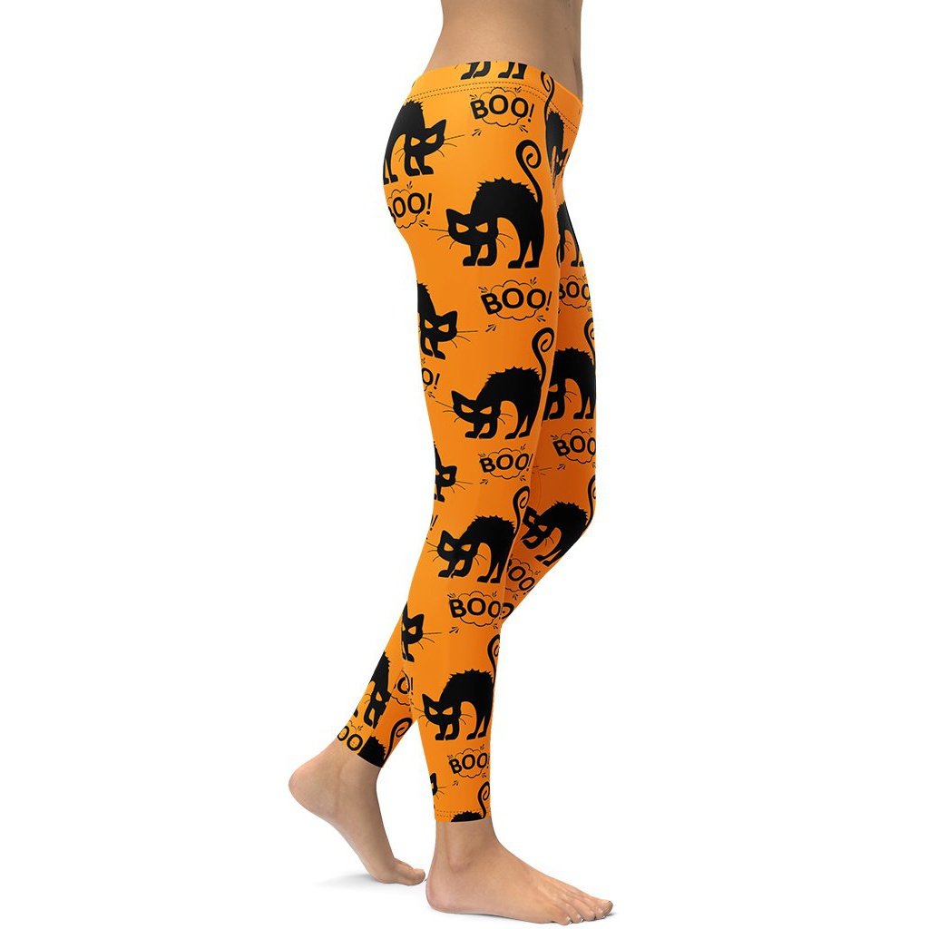 Leggings de Halloween Gatitos Negros con estampado de gatos negros sobre fondo naranja – imagen 4