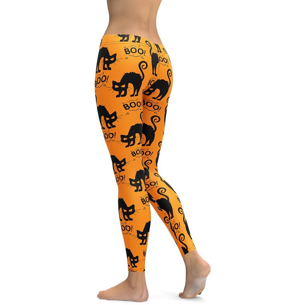 Leggings de Halloween Gatitos Negros con estampado de gatos negros sobre fondo naranja – imagen 2
