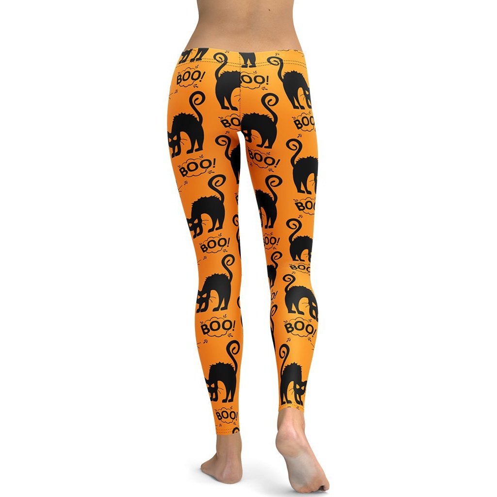 Leggings de Halloween Gatitos Negros con estampado de gatos negros sobre fondo naranja – imagen 3
