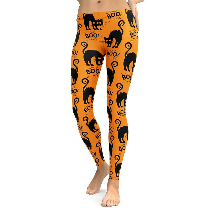 Leggings de Halloween Gatitos Negros con estampado de gatos negros sobre fondo naranja – imagen 5