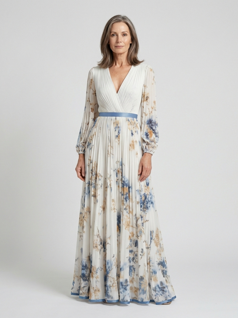 Vestido maxi con mangas largas y escote en V con estampado floral Lavinia - Juliaver Madrid