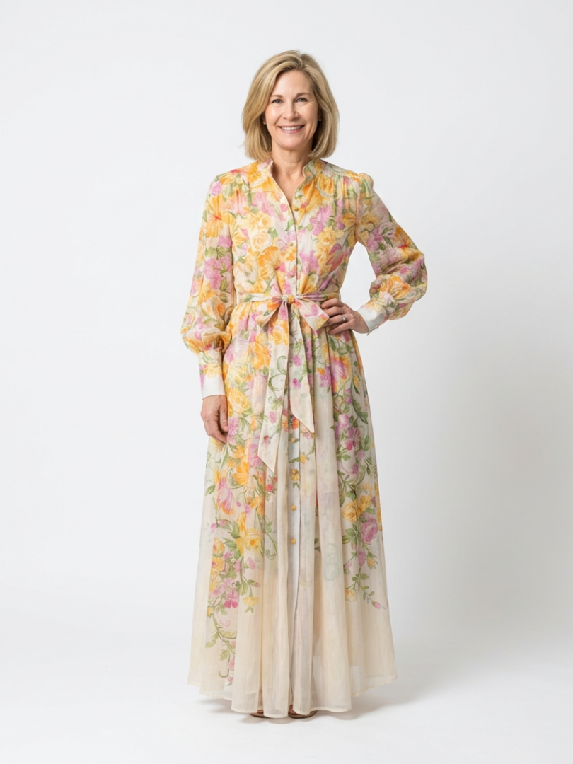 Vestido maxi floral y transparente con mangas largas Cressida - Juliaver Madrid