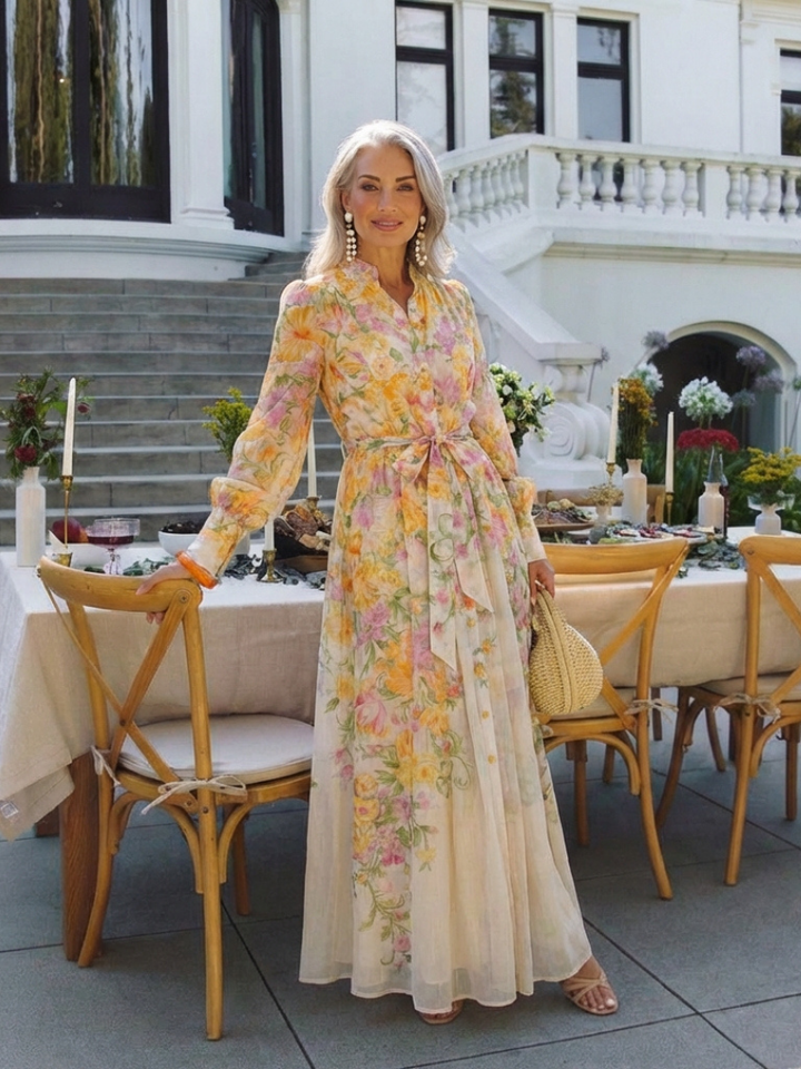 Vestido maxi floral y transparente con mangas largas Cressida - Juliaver Madrid (vista 8)